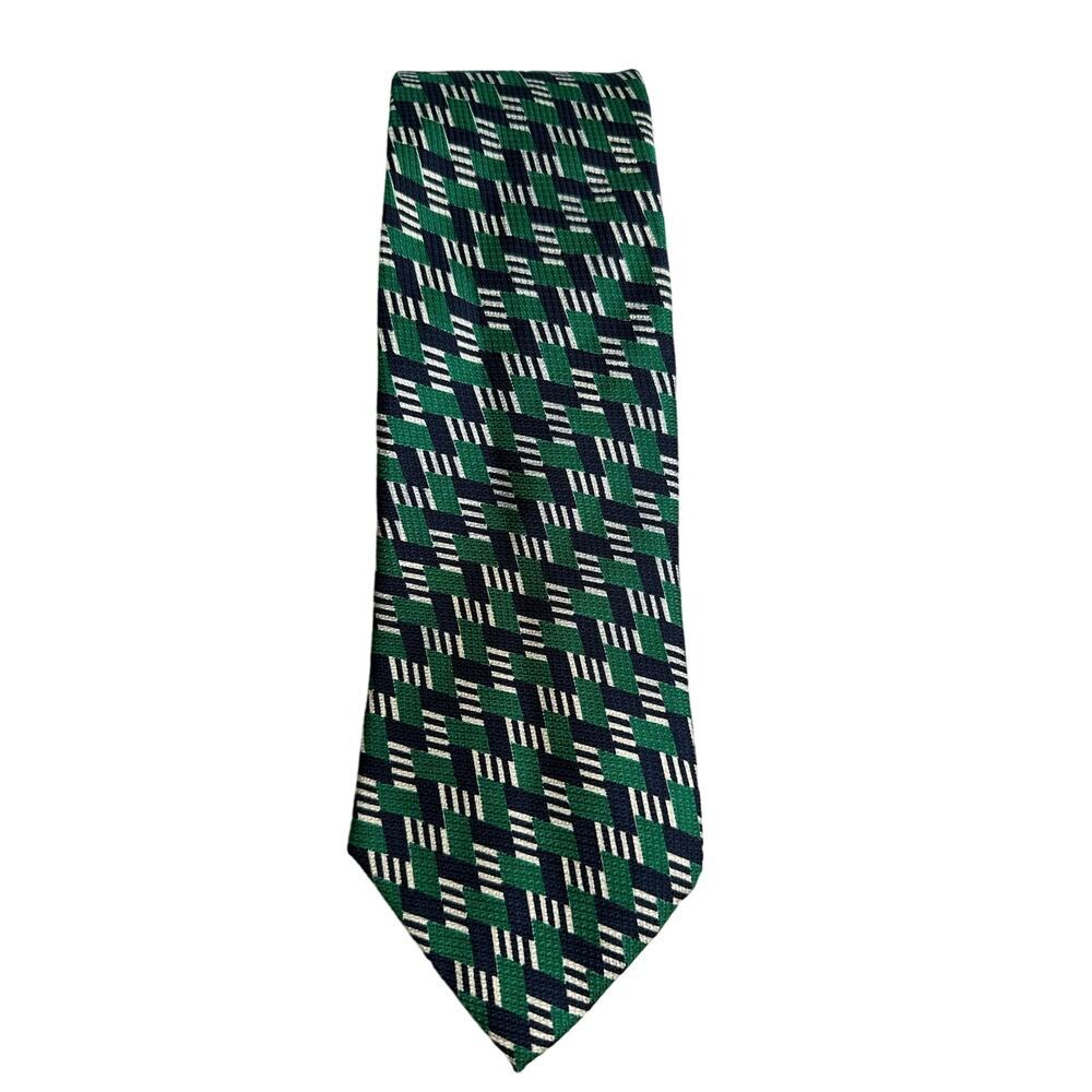 Vintage Echo Green Geometric Pattern Repp Tie 100% Silk